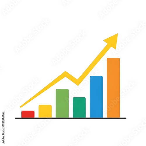 Increasing trend indicated by colorful bar graph with upward trending yellow arrow Free Download Increasing trend indicated by colorful bar graph with upward trending yellow arrow - GFXLoad