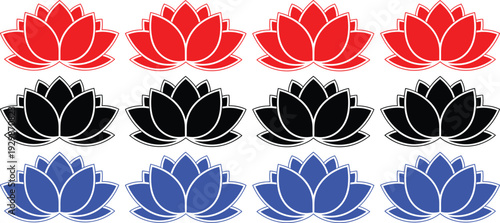 Lotus flower illustrations in red black and blue colors for decoration and spirituality