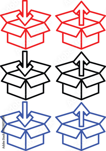 Open cardboard boxes with directional arrows for delivery unpacking and shipping logistics concepts