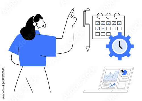 Planning, scheduling, productivity, time management, workflow optimization, business analytics. A professional pointing at a calendar alongside a gear, clock and data charts. Planning and scheduling