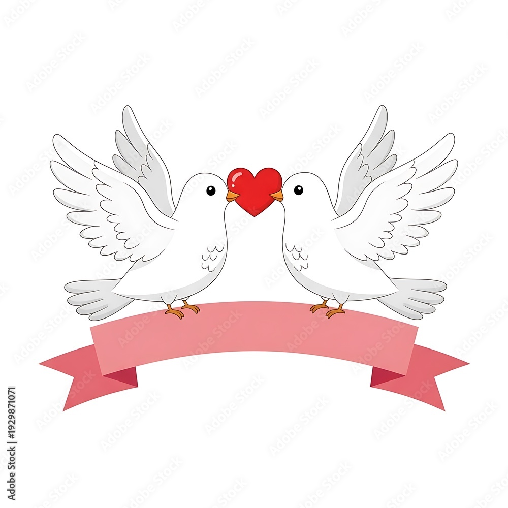 Fototapeta premium Lovely white doves with heart shaped love symbol on pink ribbon banner