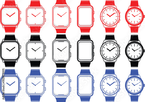 Set of watch icons, different style wristwatches, classic and smart timepieces, vector illustration
