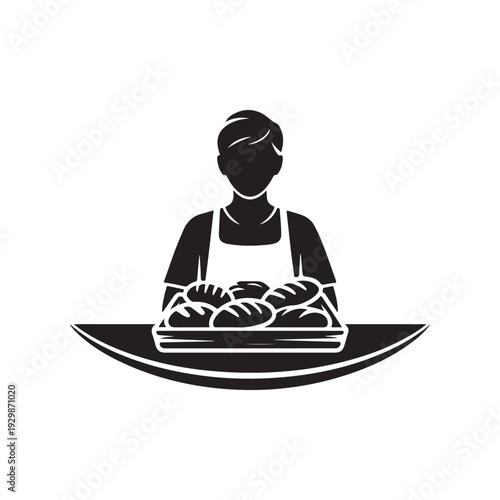 Baker Silhouette with Tray of Fresh Bread, Rustic and Homemade Style
