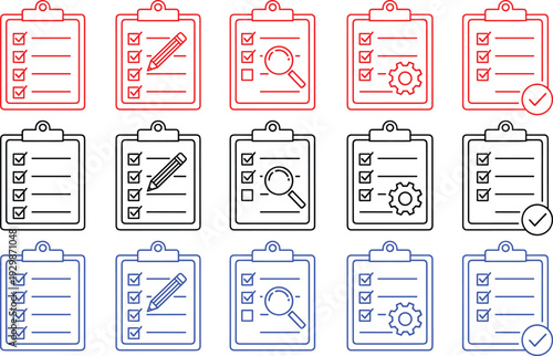 Clipboard with different checklist items on various backgrounds color vector illustration flat style