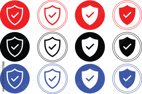Shield with checkmark security protection different color thin and solid lines vector image