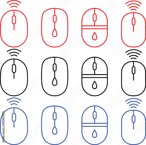 Computer mouse icons in red, black, and blue with wireless and wired variations