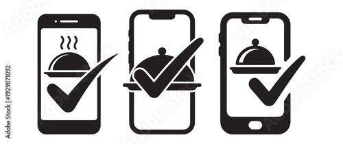 Food delivery app icons on smartphones with checkmarks