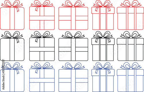 Gift box icon collection with ribbon bows and different wrapping styles in red black and blue colors set