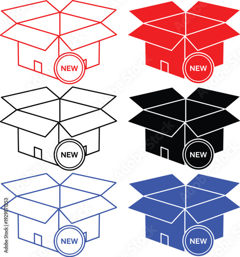 Delivery box icon set with new label and open flaps in various colors and outline styles for shipping web
