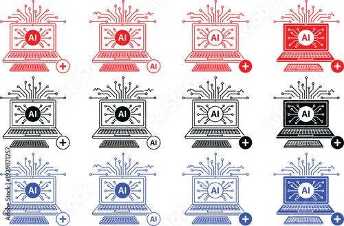 Artificial intelligence laptop vector icons featuring circuit patterns and processor symbols in different