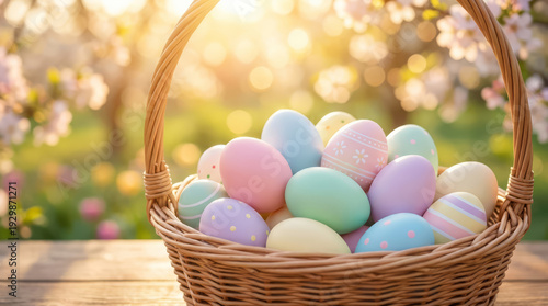 pastel-colored easter eggs in a wicker basket