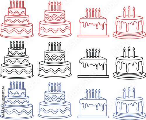 Birthday cake vector illustration set featuring various layered designs with candles in multiple line colors