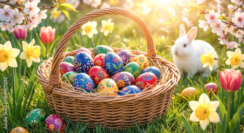 easter basket with colorful easter eggs on a spring lawn
