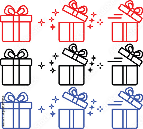 Gift box vector icon collection showing surprise opening and sparkle effects in three distinct line colors