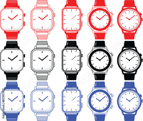 Smartwatch and classic wristwatch collection in multiple design styles featuring square and round face icons