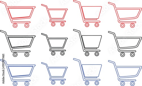 Shopping cart outline icons in red black and blue on transparent background vector