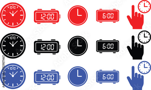 Analog and digital clock icon variety showing different times and hand interaction for time management set