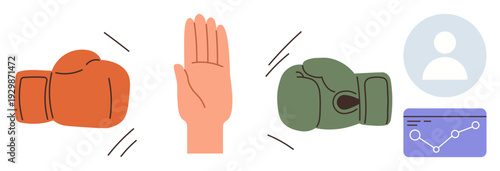 Conflict management, teamwork, business solutions, decision-making, data analysis, communication. Boxing gloves, hand stop sign data chart and user icon. Conflict resolution and teamwork concept