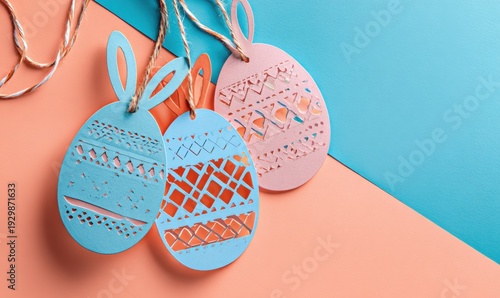 Pastel paper Easter egg ornaments with cutout patterns hanging on twine over blue and peach background.