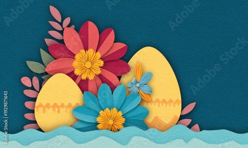 Colorful paper cut Easter eggs and flowers on a textured teal background with decorative waves at the bottom.