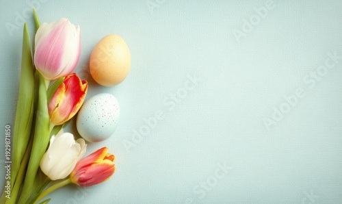 Colorful tulips and pastel Easter eggs arranged on light blue background with copy space.