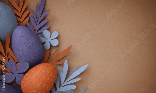 Colorful textured Easter eggs and paper leaves on brown background with copy space.