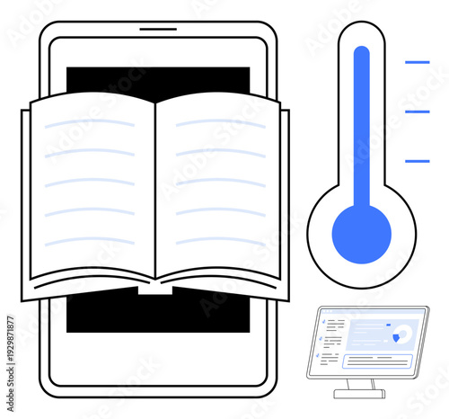 Online education, knowledge sharing, technology tools, data analytics, e-learning progress, and information access. Open book over tablet, thermometer and computer screen chart. Online education
