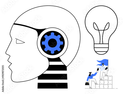 Artificial intelligence, innovation, teamwork, technology, problem-solving, human-machine interaction. Stylized human head with gear, light bulb and figures climbing blocks. Artificial intelligence