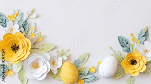 Yellow and white paper flowers with decorative Easter eggs arranged on a light background with copy space.