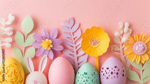 Colorful Easter eggs and paper flowers arranged on a pastel pink background in a festive spring composition.