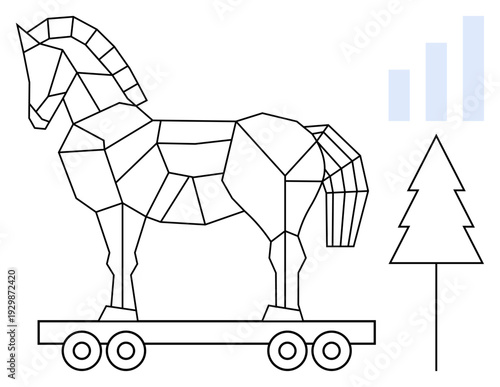 Trojan horse concept. Geometric Trojan horse emphasizing cybersecurity risks in the online environment. Trojan horse metaphor for cyberattacks and data infiltration. For technology, security, digital