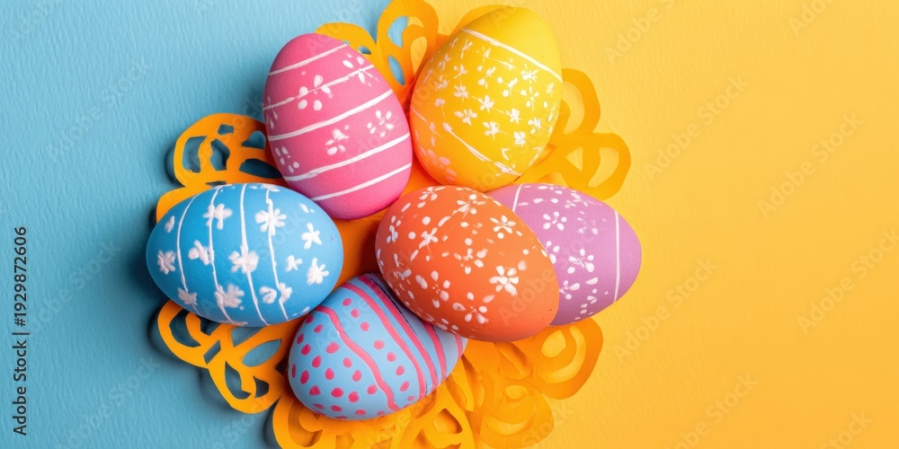 Naklejka premium Colorful decorated Easter eggs arranged on an orange paper doily over a blue and yellow background.