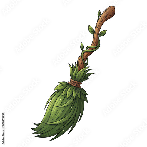 Whimsical Nature Broomstick with Green Leaves and Twining Vines