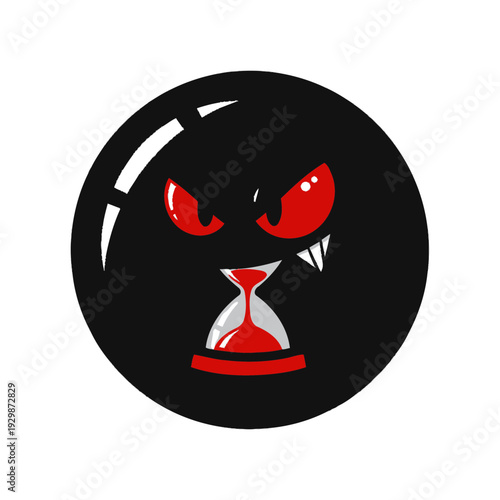 Angry Evil Face with Hourglass, Time is Running Out Concept, Dark and Red
