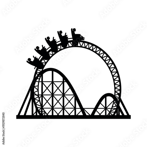 A black silhouette of a roller coaster with riders on a white background
