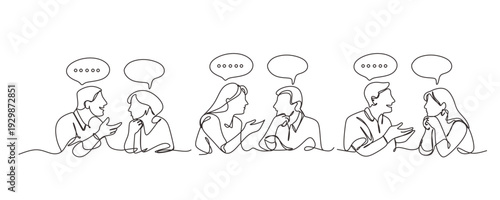 Continuous one lin drawing of two people talking  one person is speaking and the other listening with speech bubbles above their heads