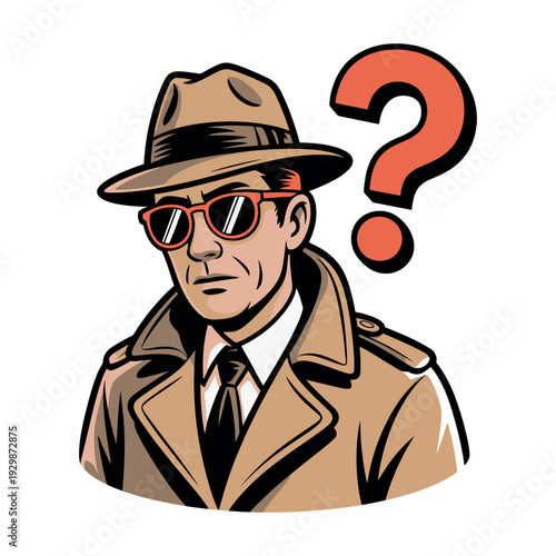A cartoon detective with a puzzled expression and a question mark above his head looks for clues.