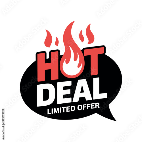 A graphic illustration of a hot deal limited offer with a speech bubble and flames