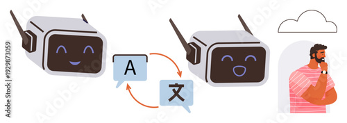 Language learning, artificial intelligence, communication tools, globalization, cloud technology, digital interaction. Two AI robots with translation icons interacting near a man. Language learning