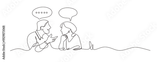 Continuous one lin drawing of two people talking  one person is speaking and the other listening with speech bubbles above their heads