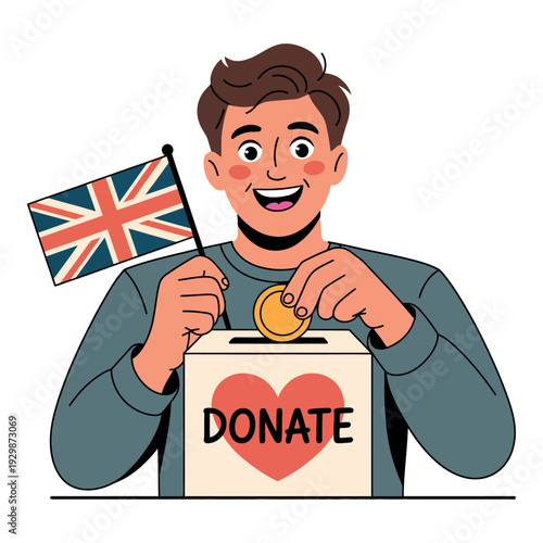 A smiling man donates money to a charity box with a heart and a British flag in the background.