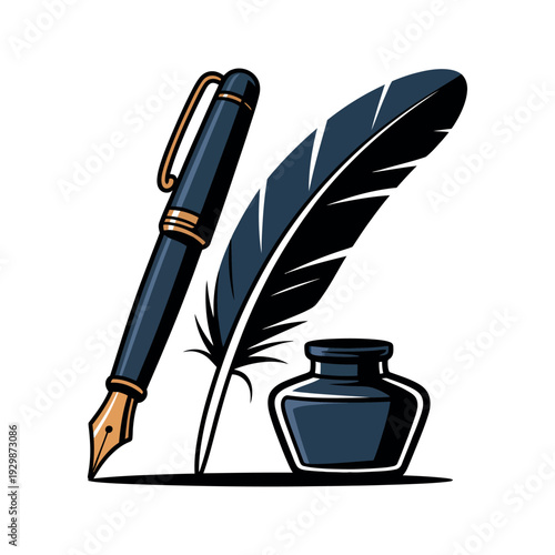 A stylized illustration of a fountain pen, feather quill, and inkwell on a white background.