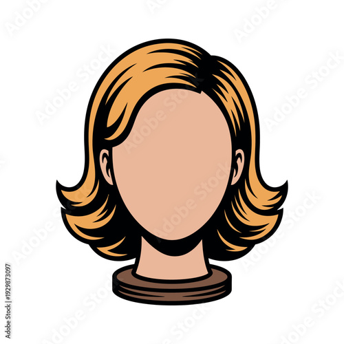 A cartoon illustration of a woman's head with blonde hair on a brown pedestal