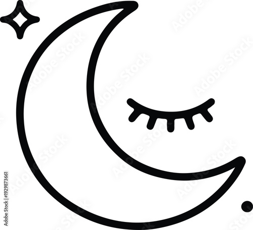 Minimalist line art icon of a sleeping crescent moon with closed eyes and a small star, representing night, sleep, dreams, or bedtime