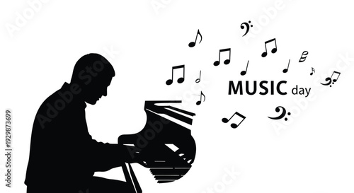 Vector illustration of man playing piano on Music Day with musical notes