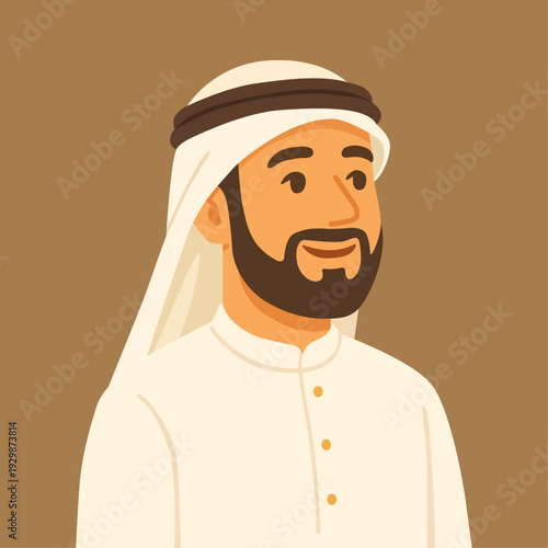 Smiling Middle Eastern Man Portrait Vector Illustration, Arabic Male Character in Traditional Ghutra and Thobe, Culture, Business, and Diversity Concept