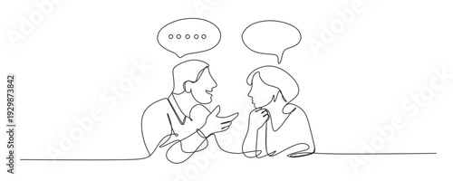 Continuous one lin drawing of two people talking  one person is speaking and the other listening with speech bubbles above their heads