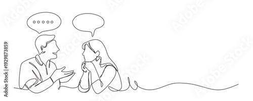 Continuous one lin drawing of two people talking  one person is speaking and the other listening with speech bubbles above their heads