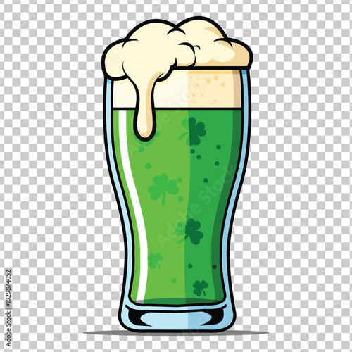 St. Patrick's Day green beer in a pint glass with shamrocks and frothy head, festive celebration drink