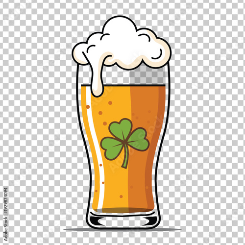 St. Patrick's Day pint glass with frothy beer and a clover leaf, festive alcoholic drink illustration